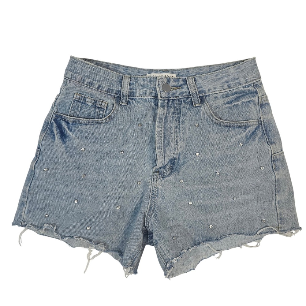 Signature 8 Womens High Waisted Rhinestone Denim Shorts Light Wash Blue Size S